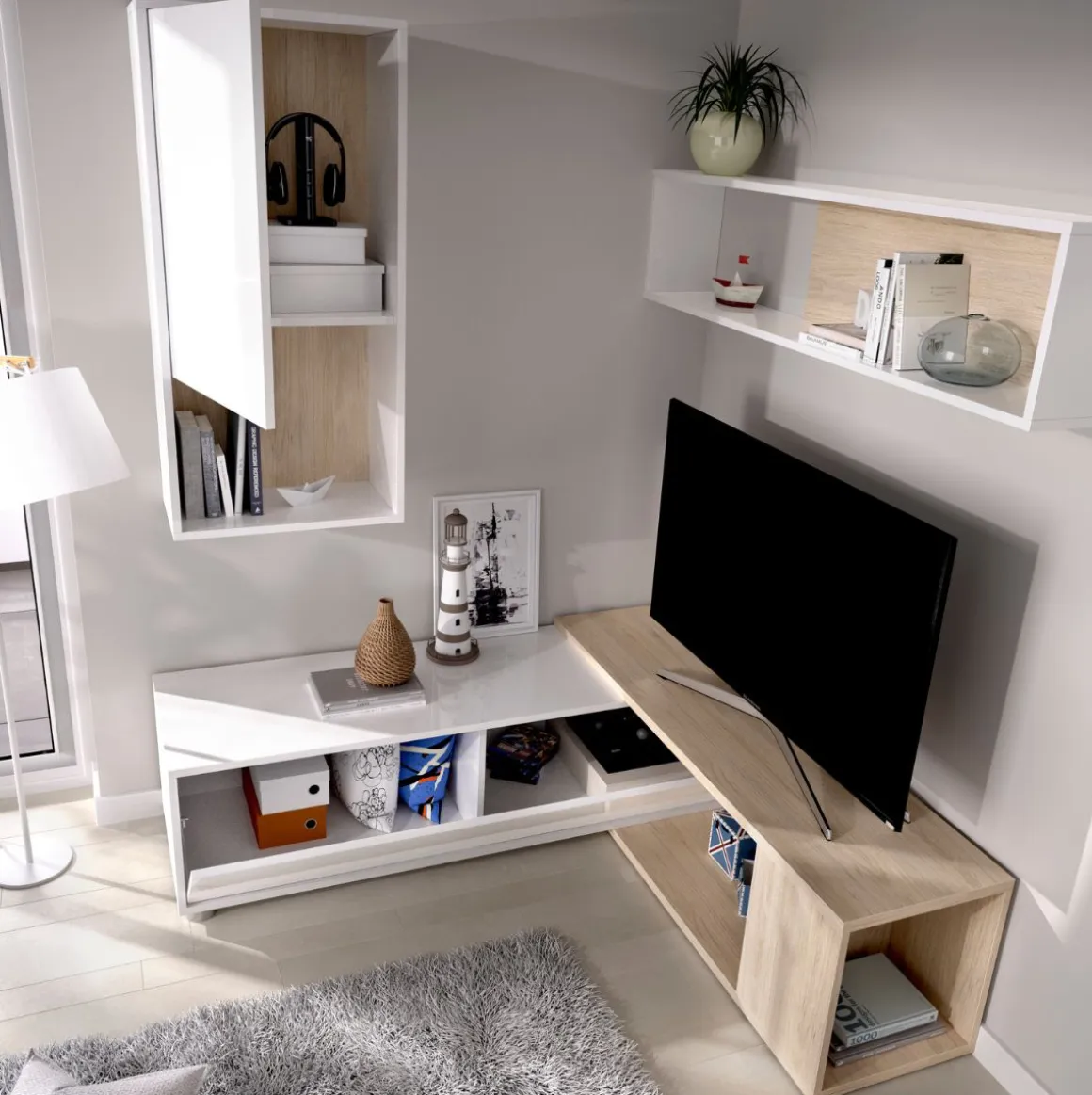 Composición de salón Obi módulo superior con vitrina y mueble de TV blanco/natural