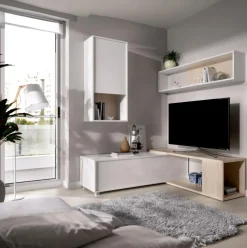 Composición de salón Obi módulo superior con vitrina y mueble de TV blanco/natural