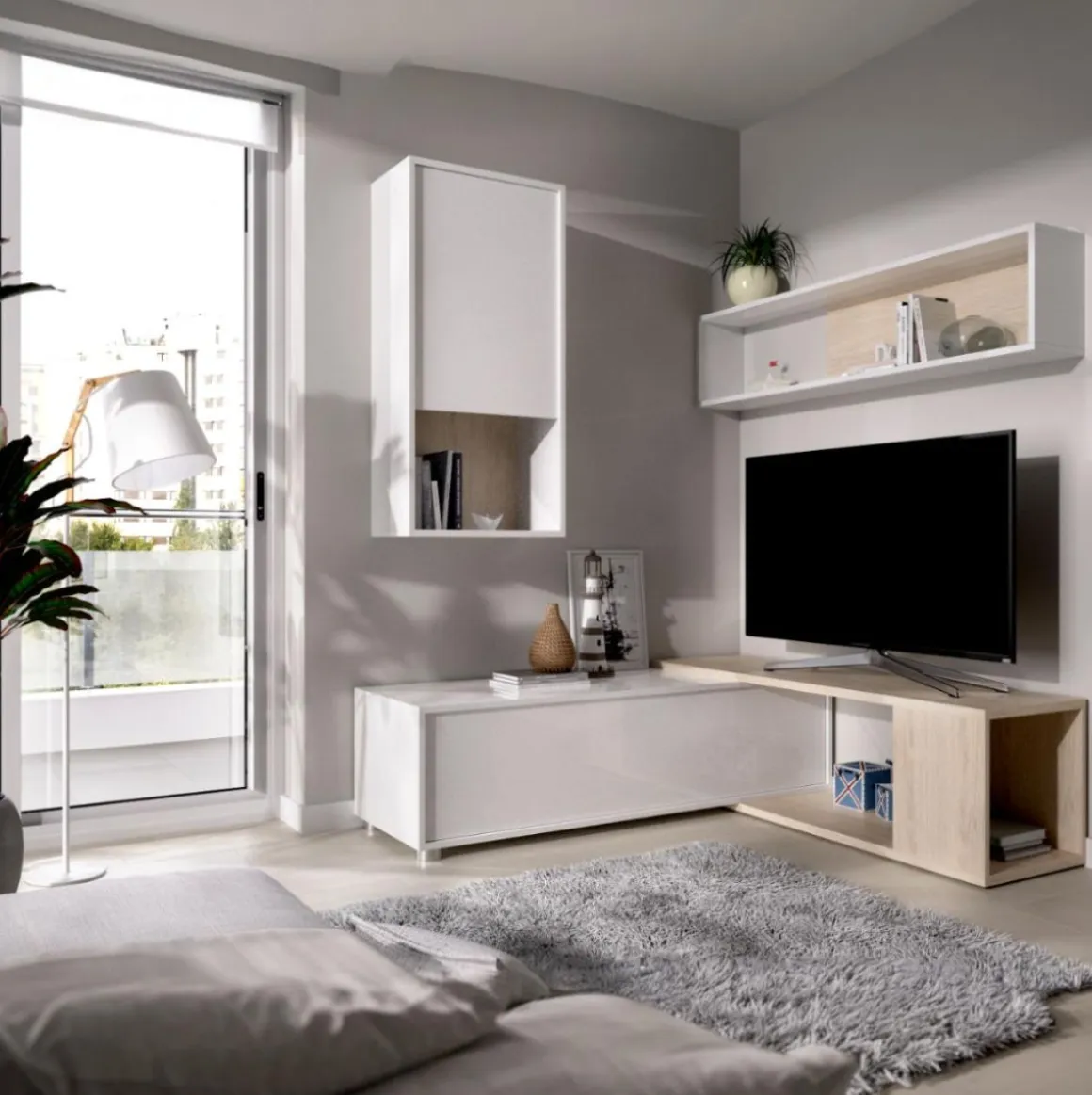 Composición de salón Obi módulo superior con vitrina y mueble de TV blanco/natural