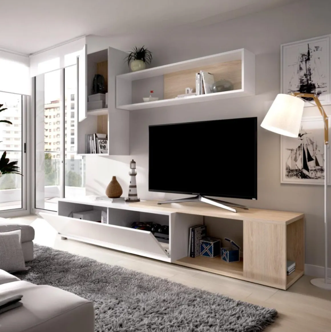 Composición de salón Obi módulo superior con vitrina y mueble de TV blanco/natural