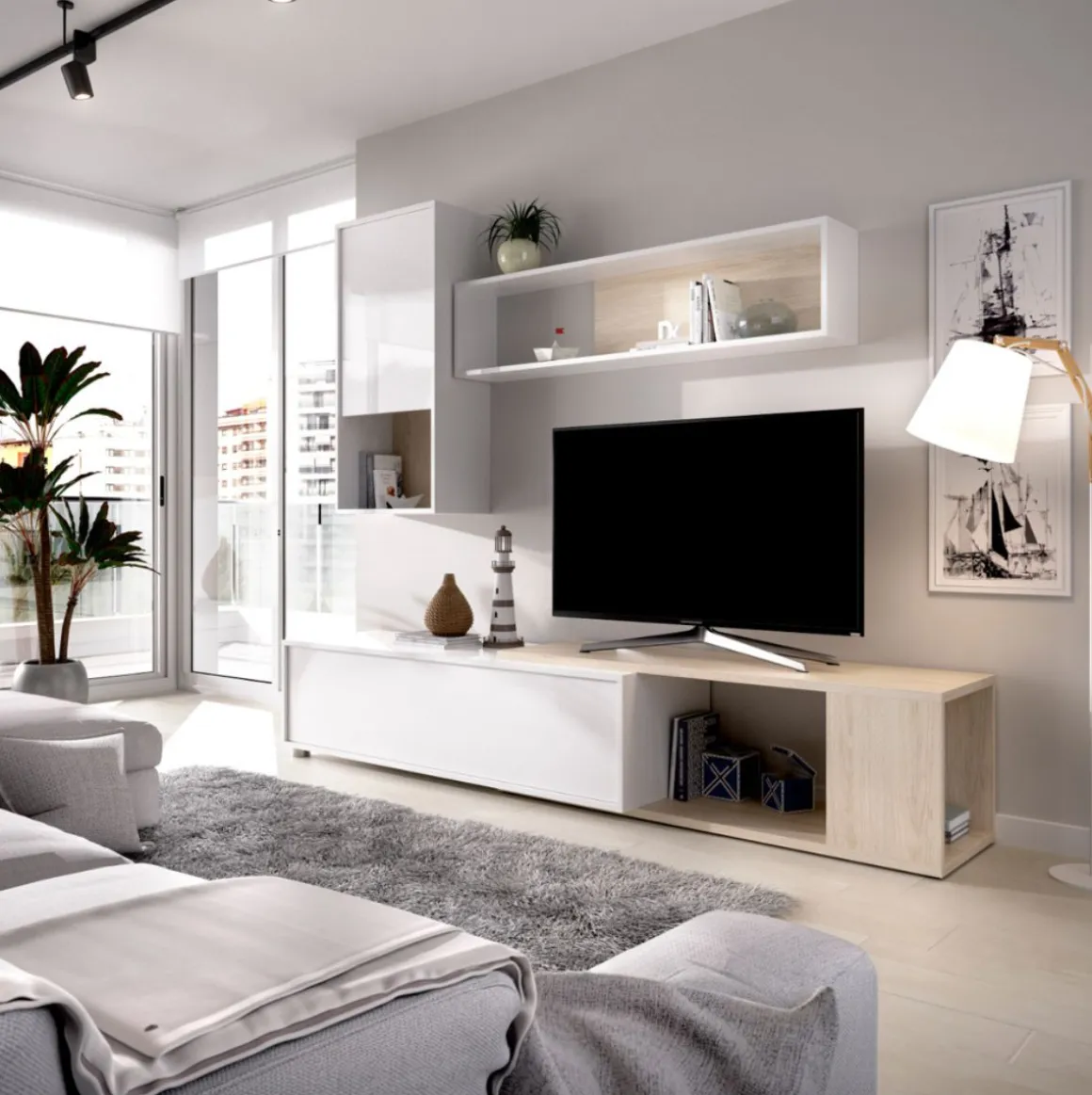 Composición de salón Obi módulo superior con vitrina y mueble de TV blanco/natural