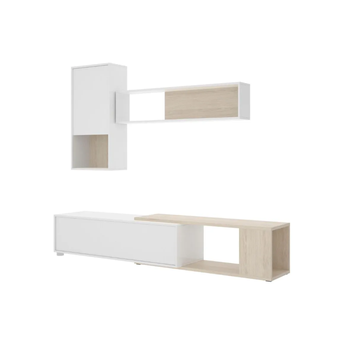 Composición de salón Obi módulo superior con vitrina y mueble de TV blanco/natural