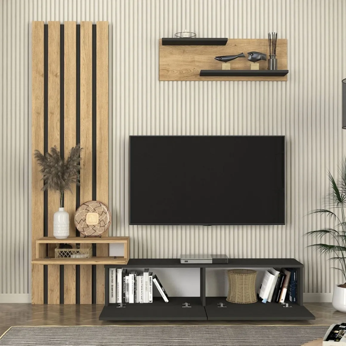 Composición de salón Rosaline mueble de TV con módulo superior natural/antracita