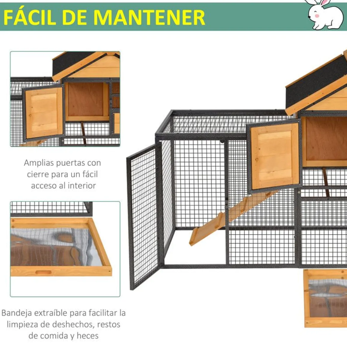 Conejera PawHut 2 niveles con rampa madera/negro 92x122x61 cm