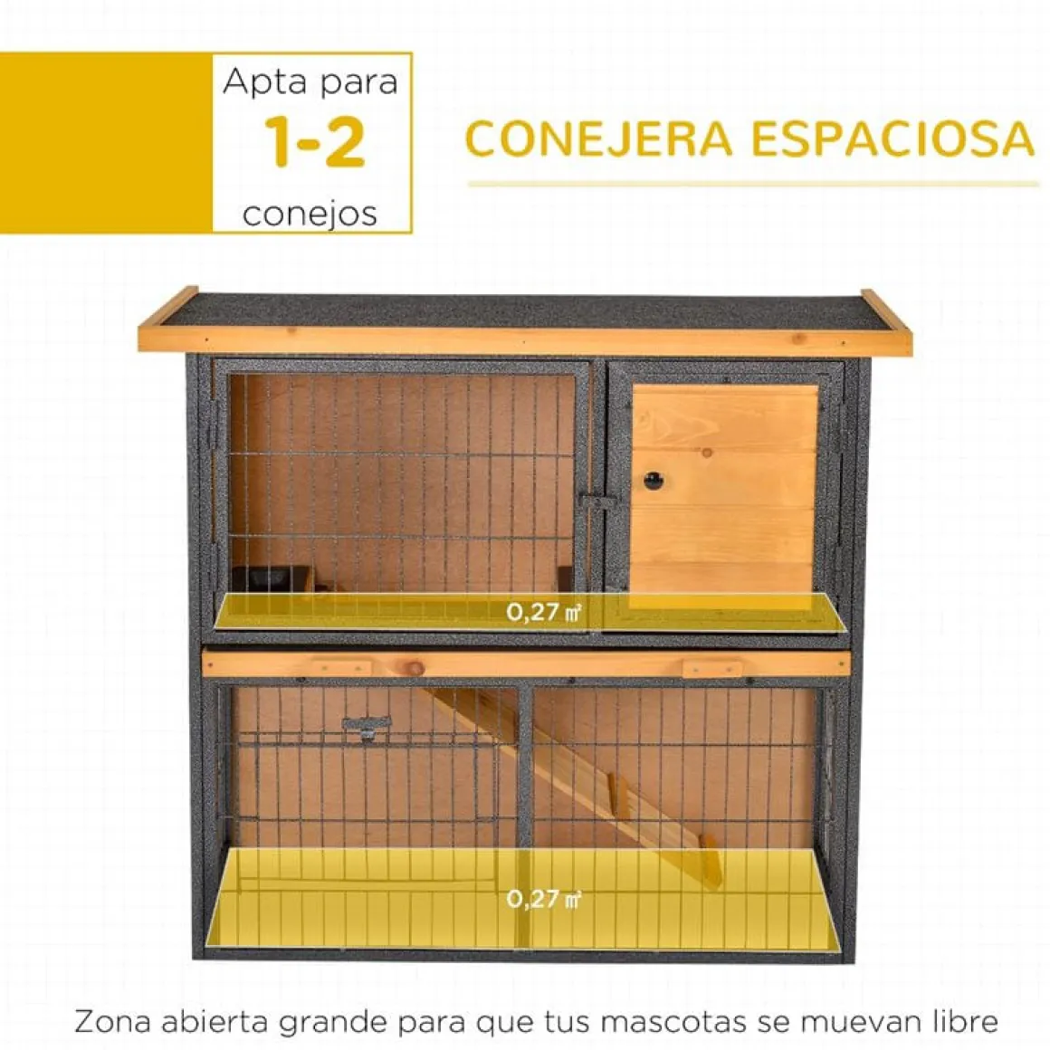 Conejera PawHut 2 niveles con rampa+techo asfáltico natural/negro 81x89,5x45 cm