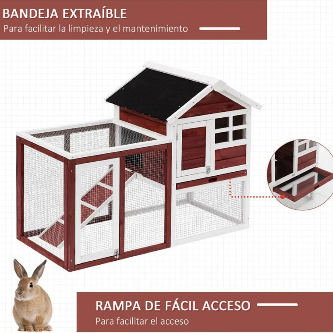 Conejera PawHut 2 niveles con rampa granate 92x122x62,6 cm