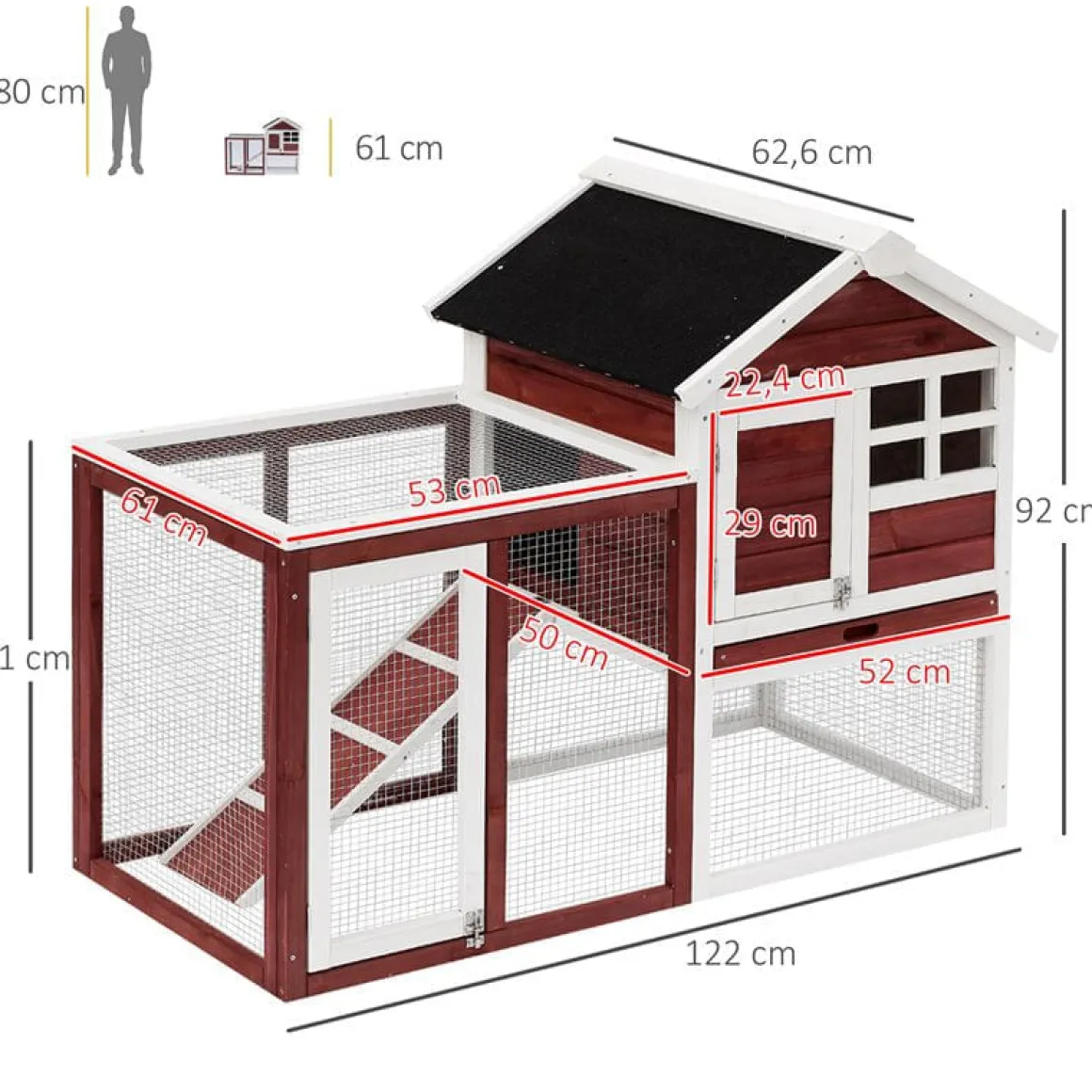 Conejera PawHut 2 niveles con rampa granate 92x122x62,6 cm