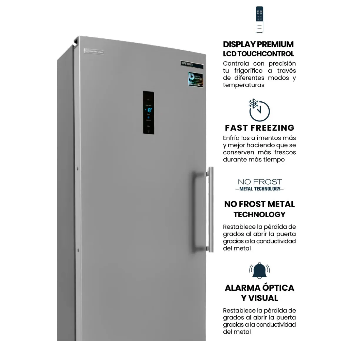 Congelador vertical Infiniton CV-1HE85 No Frost Metal Technology 274L E inox 185,5 cm