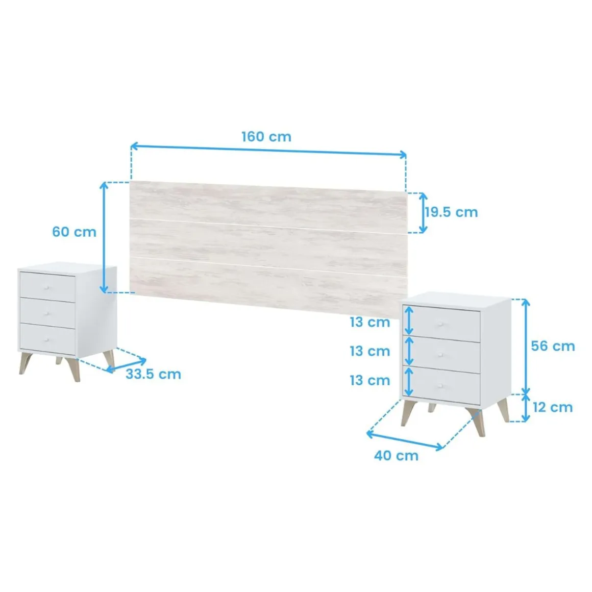 Conjunto cabecero y 2 mesitas Sweet para camas de 135-150 cm blanco velho/artik