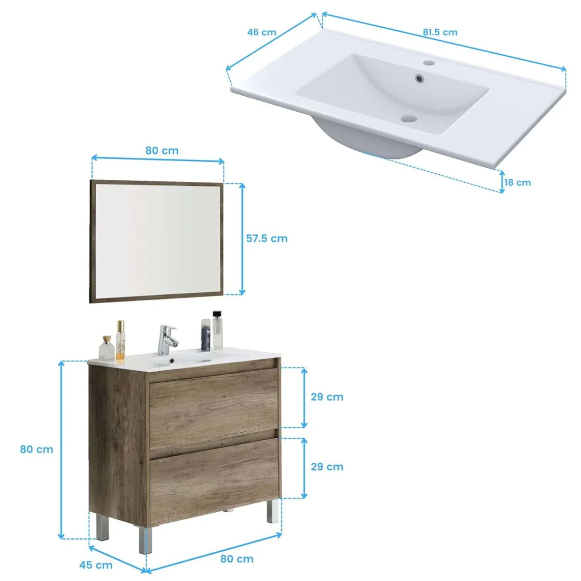 Conjunto de baño Dakota lavabo + mueble + espejo nordik 80 cm