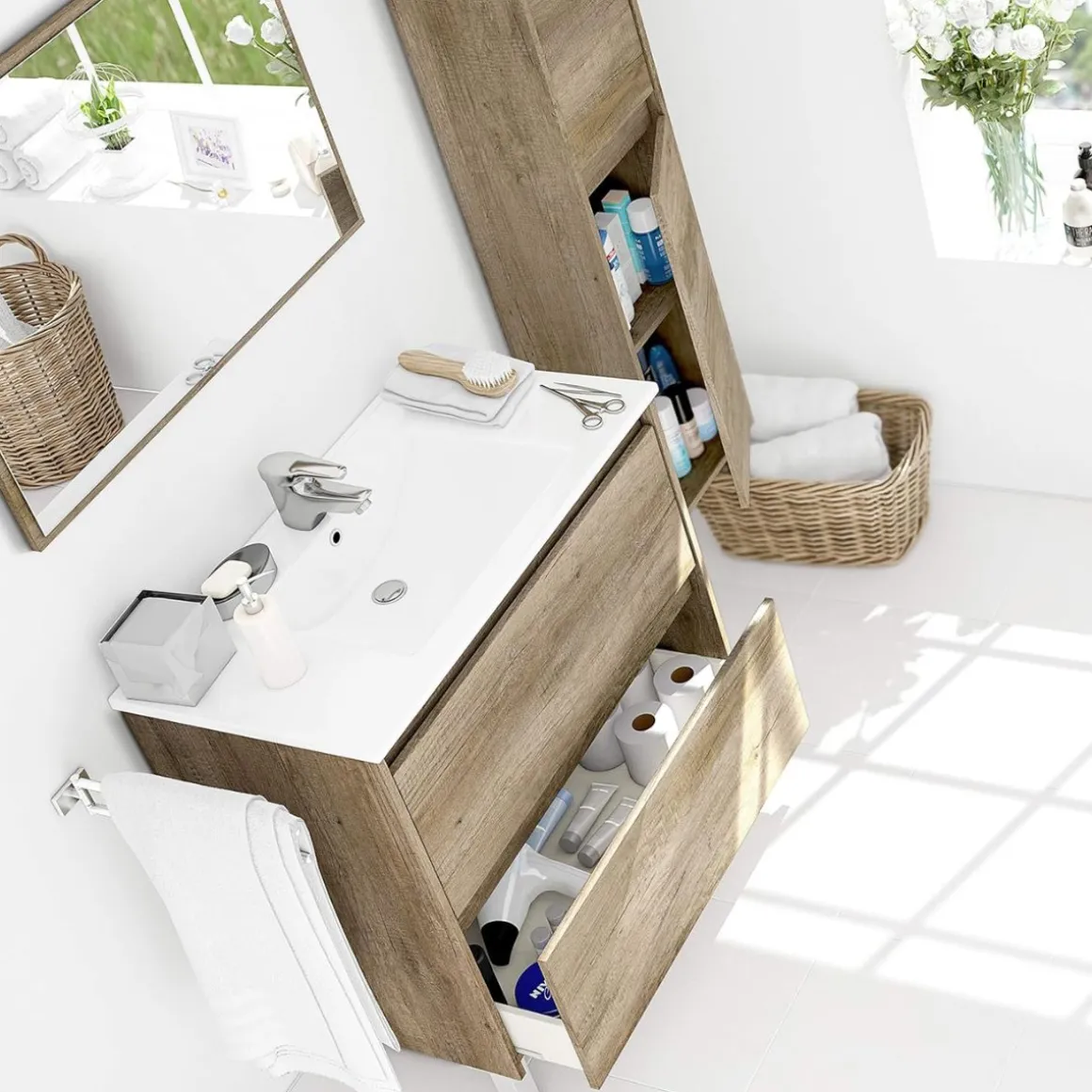 Conjunto de baño Dakota lavabo + mueble + espejo nordik 80 cm