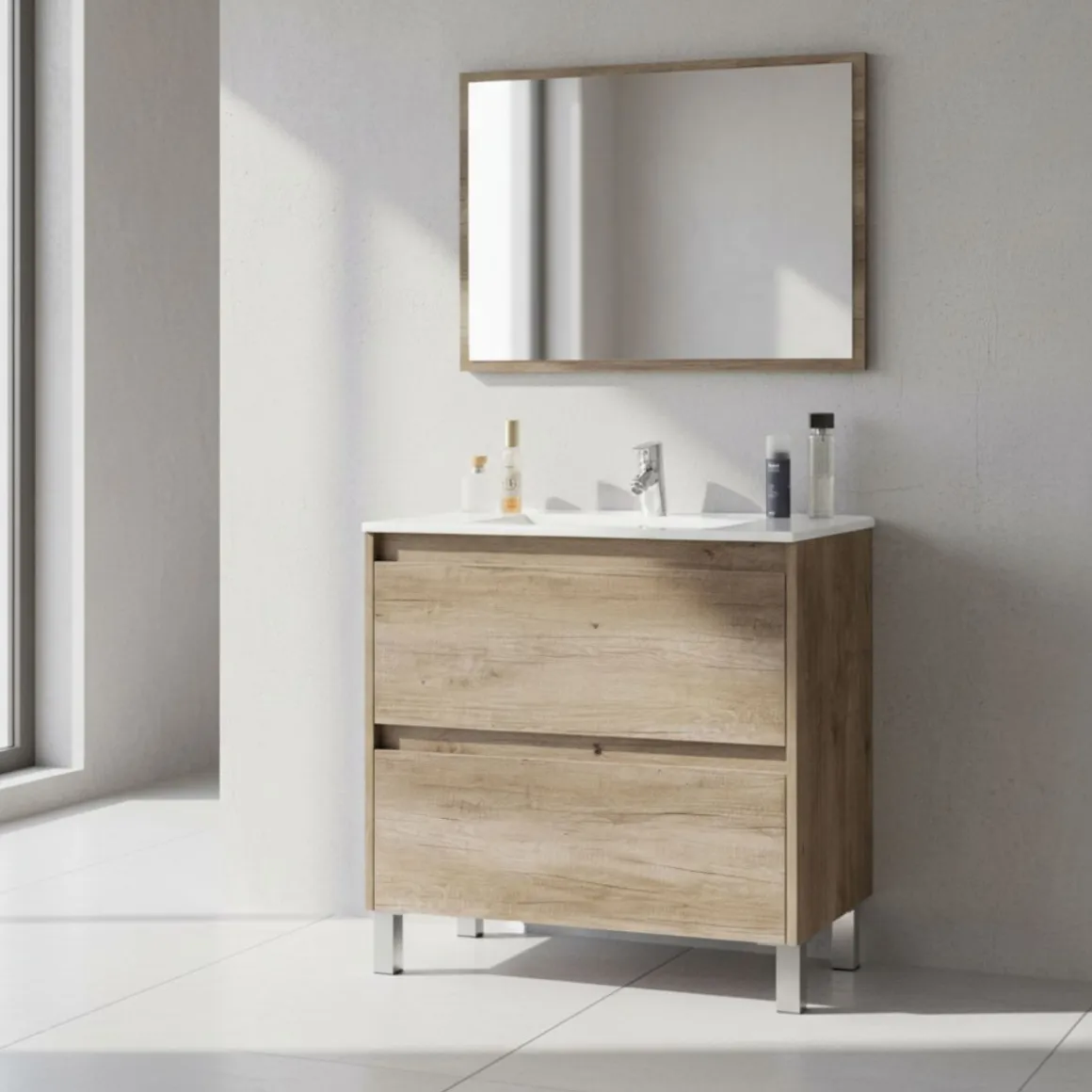 Conjunto de baño Dakota lavabo + mueble + espejo nordik 80 cm