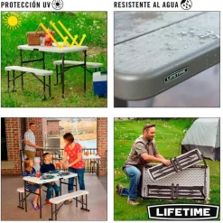 Conjunto de camping plegable Lifetime mesa+2 bancos beige