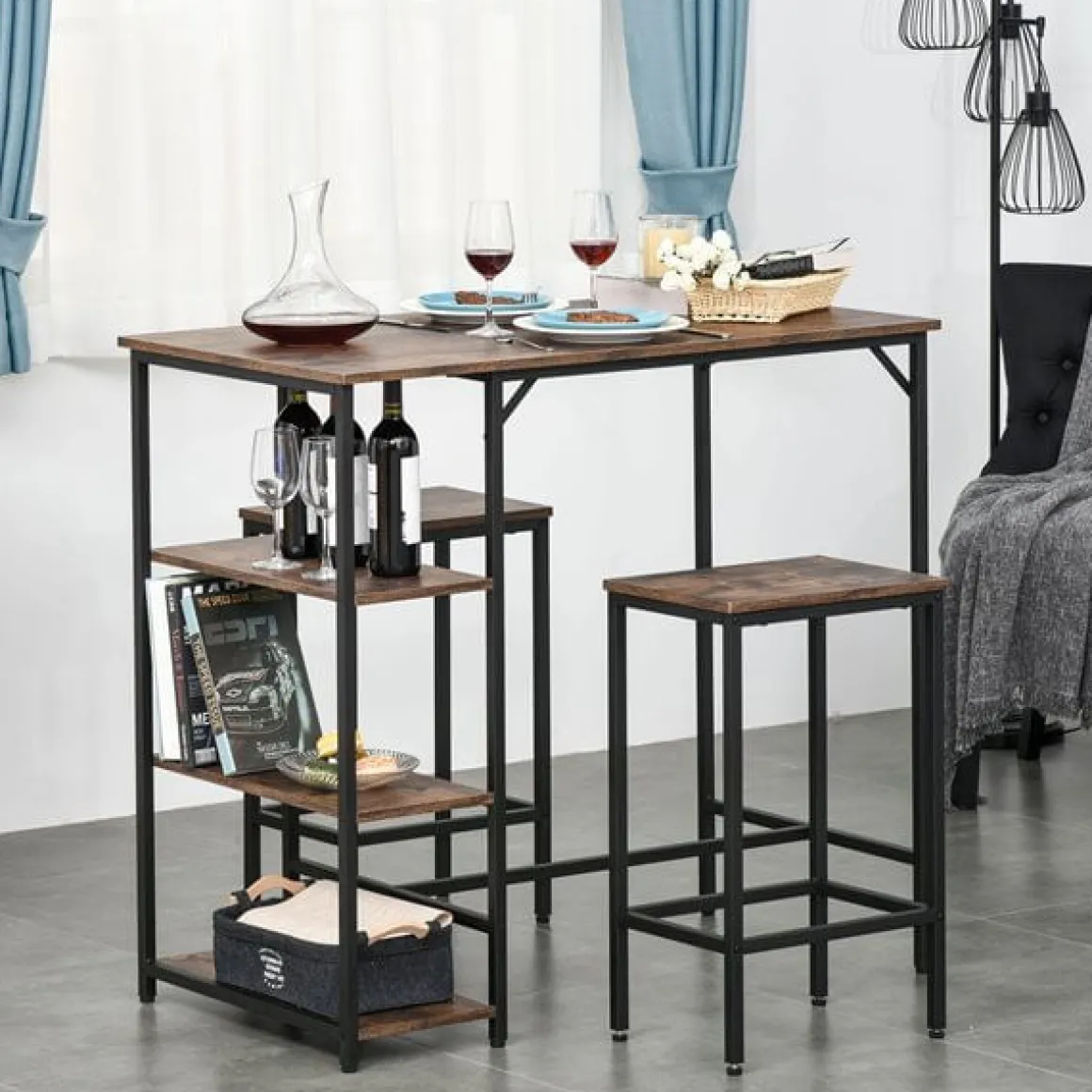 Conjunto de cocina Homcom mesa alta con estantes+2 taburetes negro/ marrón rústico