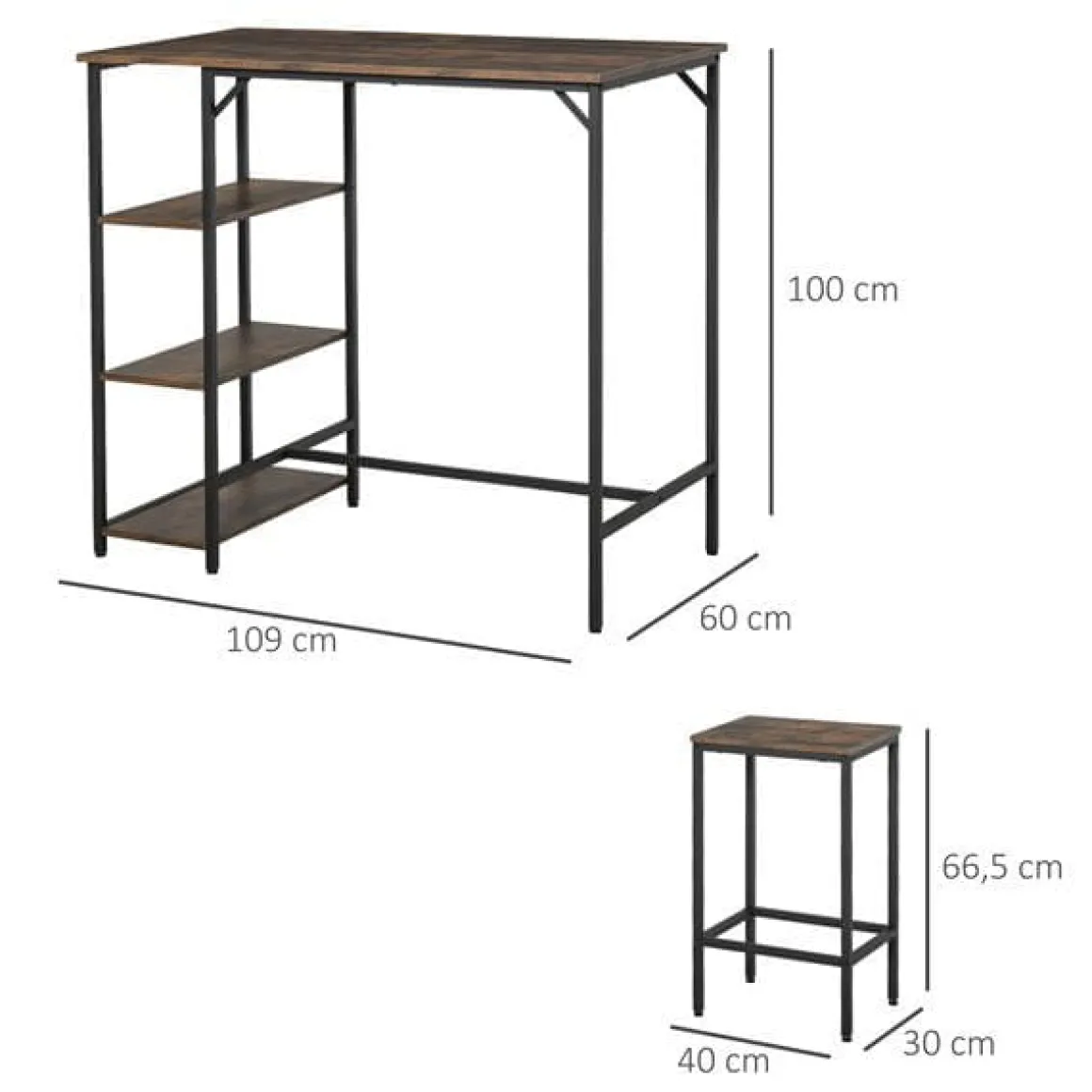 Conjunto de cocina Homcom mesa alta con estantes+2 taburetes negro/ marrón rústico