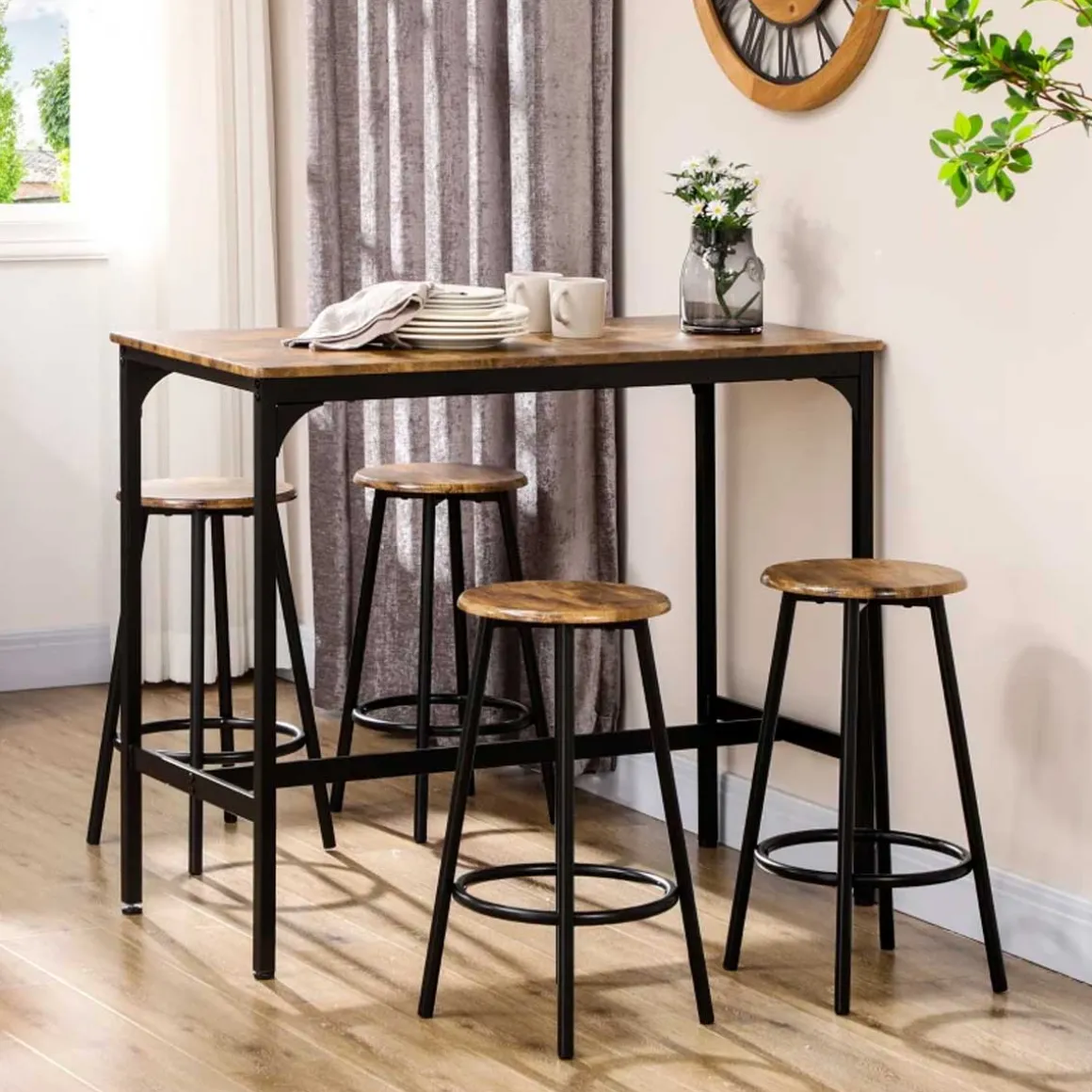 Conjunto de comedor Alcalá Homcom 1 mesa + 4 taburetes roble/negro