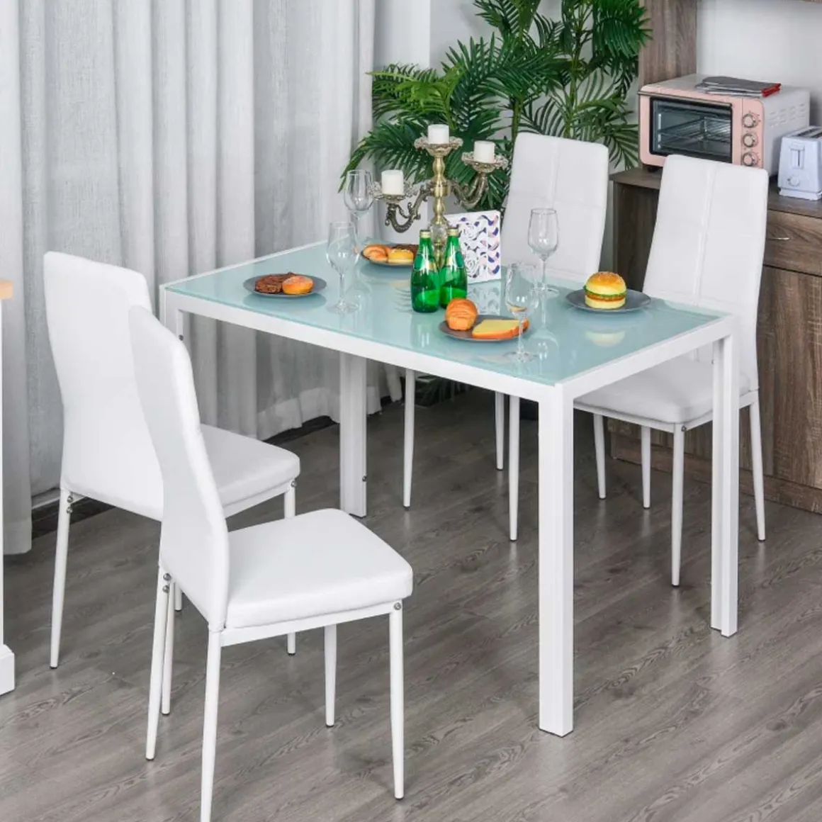 Conjunto de comedor Asia Homcom 1 mesa + 4 sillas blanco