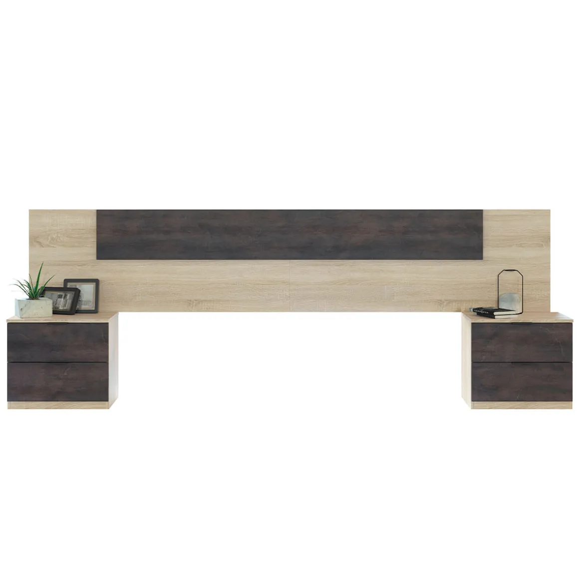 Conjunto de dormitorio Alaya cabezal + 2 mesitas natural/grafito