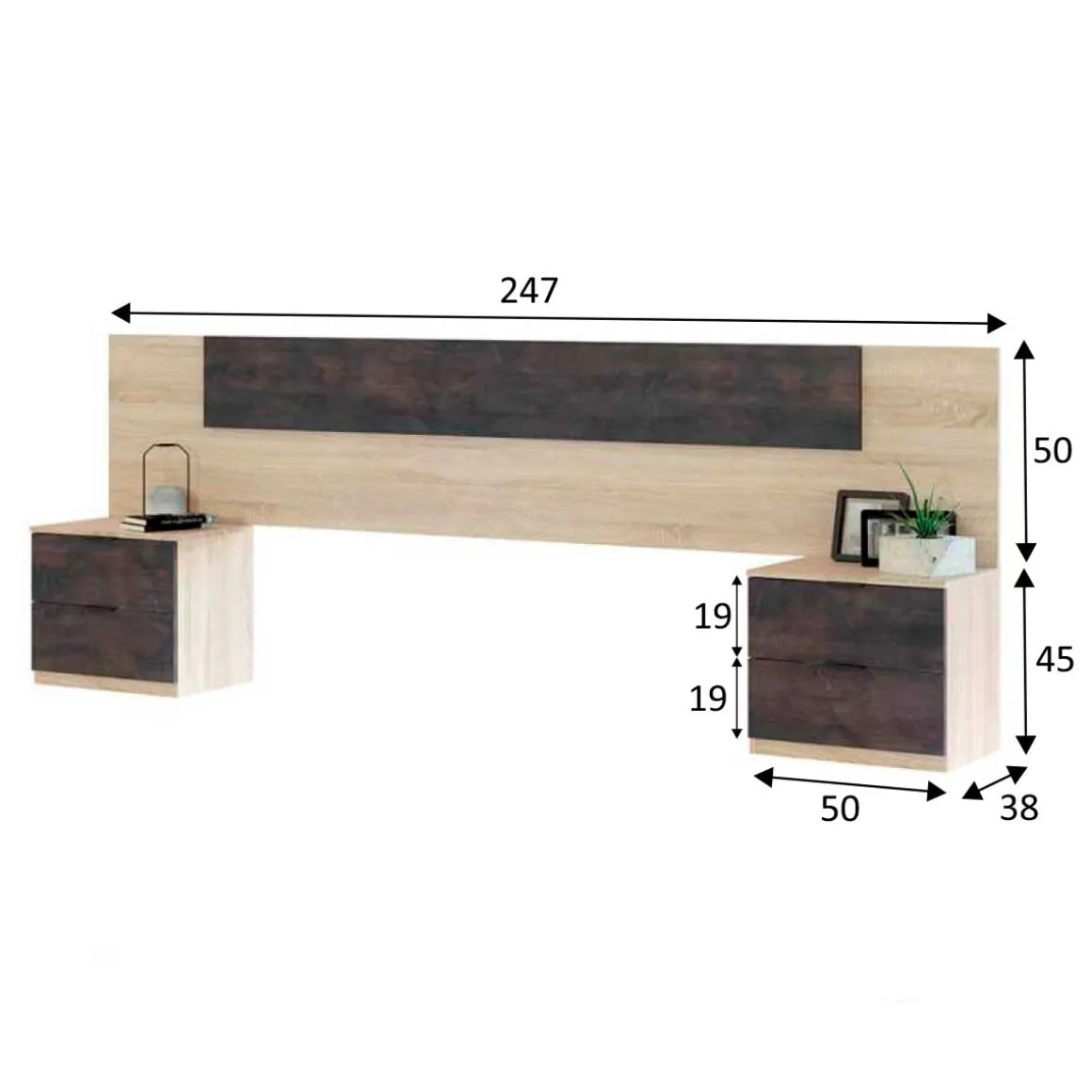 Conjunto de dormitorio Alaya cabezal + 2 mesitas natural/grafito