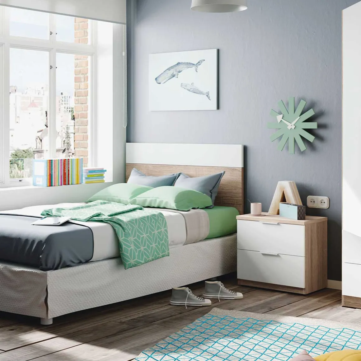 Conjunto de dormitorio Luca cabezal + 1 mesita de noche natural/blanco artik