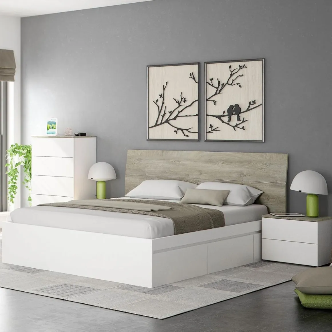 Conjunto de dormitorio New Dreams 2 mesitas + cabecero alaska/blanco artik