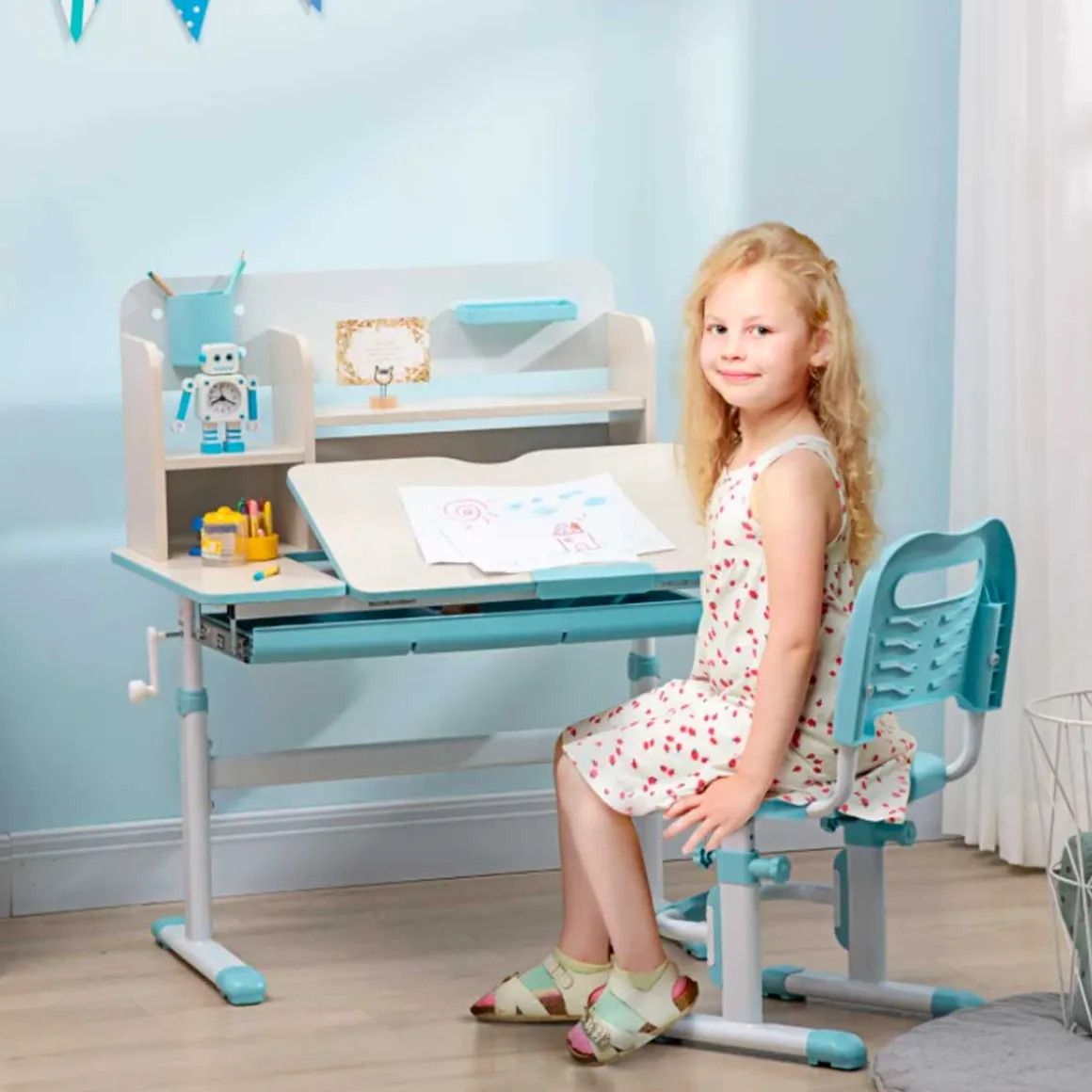 Conjunto de escritorio + silla Homcom con altura ajustable +3A blanco/azul 88/109x88x52 cm