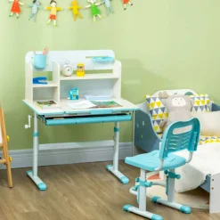 Conjunto de escritorio + silla Homcom con altura ajustable +3A blanco/azul 88/109x88x52 cm