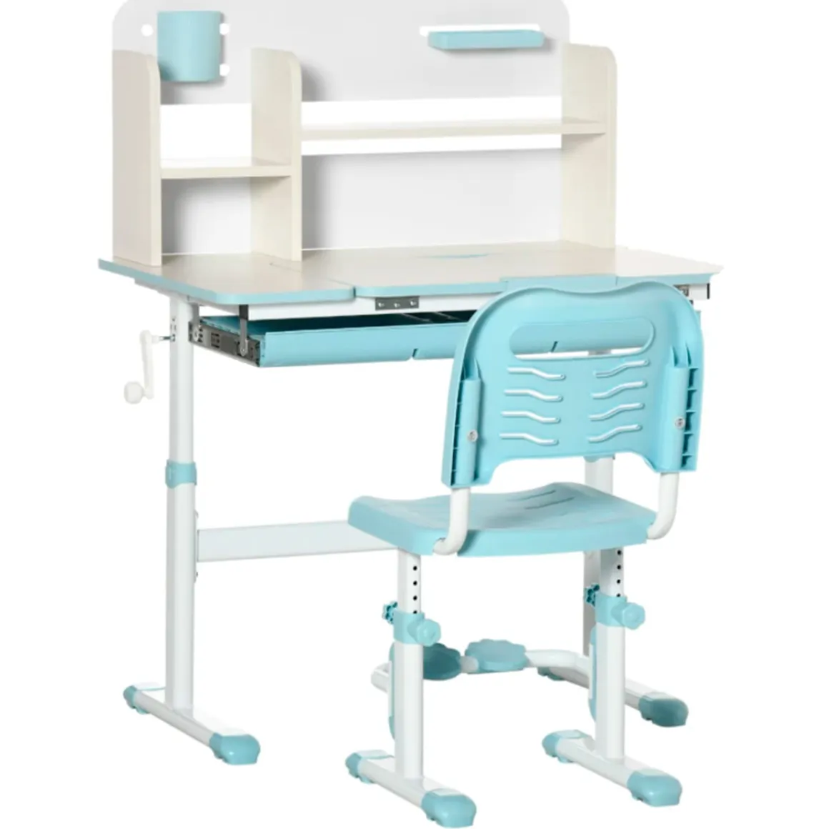 Conjunto de escritorio + silla Homcom con altura ajustable +3A blanco/azul 88/109x88x52 cm