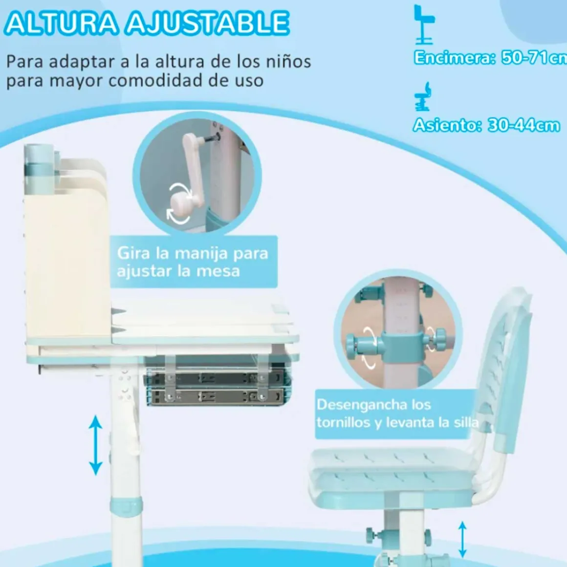 Conjunto de escritorio + silla Homcom con altura ajustable +3A blanco/azul 88/109x88x52 cm