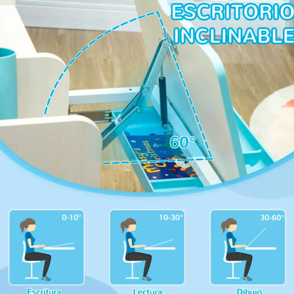Conjunto de escritorio + silla Homcom con altura ajustable +3A blanco/azul 88/109x88x52 cm