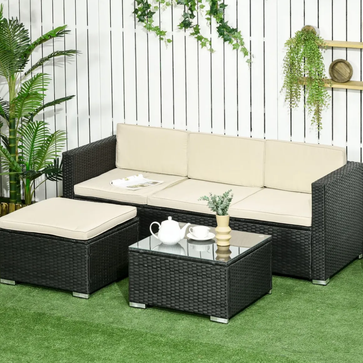 Conjunto de jardin Outsunny 3 piezas ratán negro