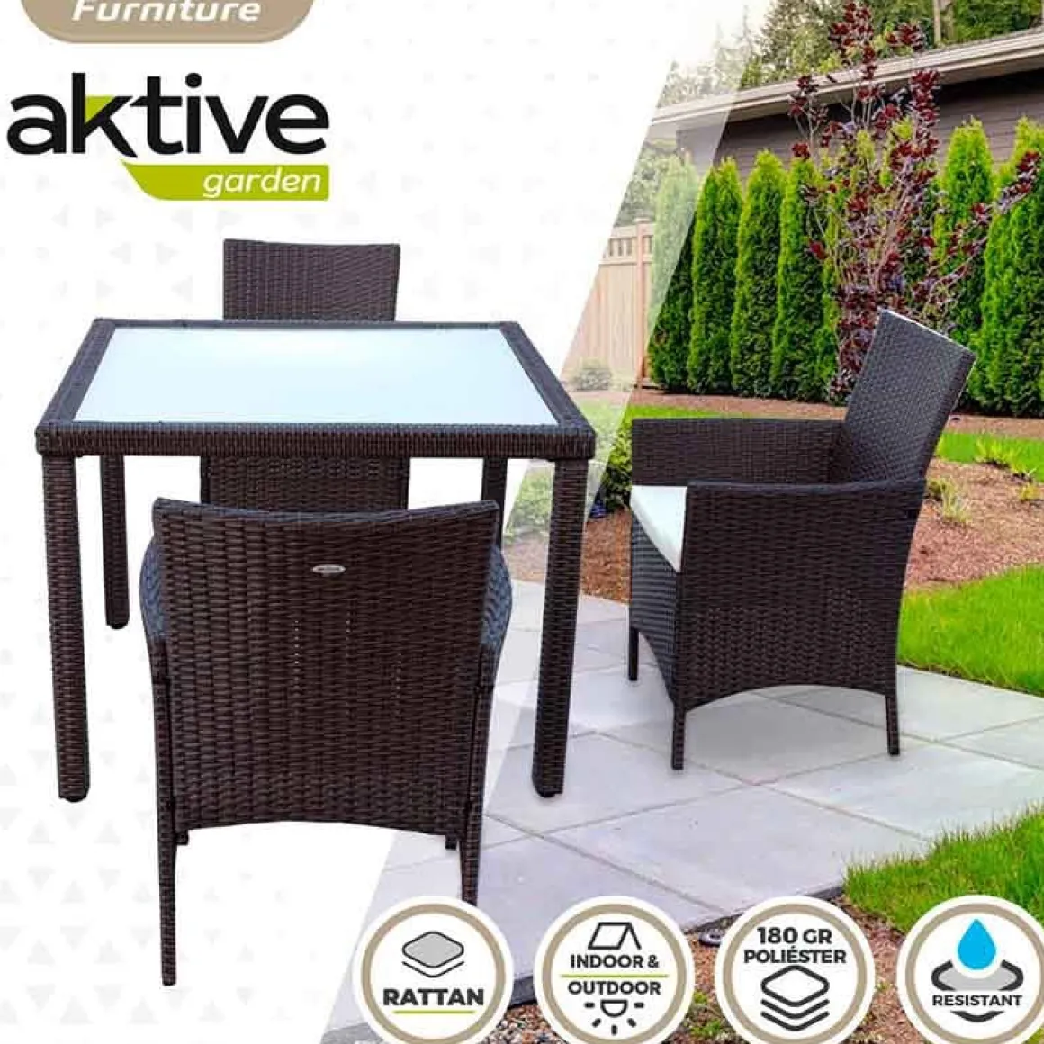 Conjunto de jardín Aktive Garden 4 sillones+mesa cuadrada con cojines ratán sintético negro