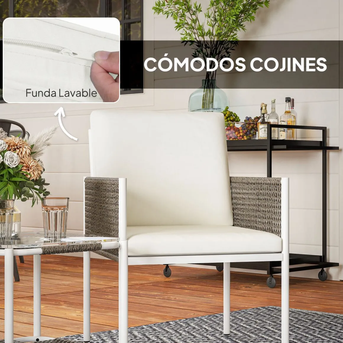 Conjunto de jardín Cozy Outsunny 2 butacas y mesa blanco
