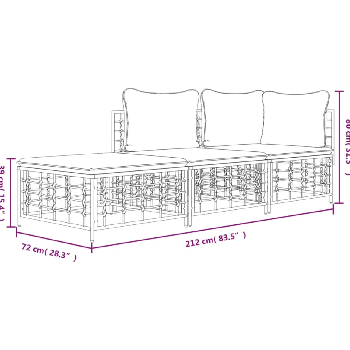 Conjunto de jardín Creta 3 piezas con cojines 80x212x72 cm