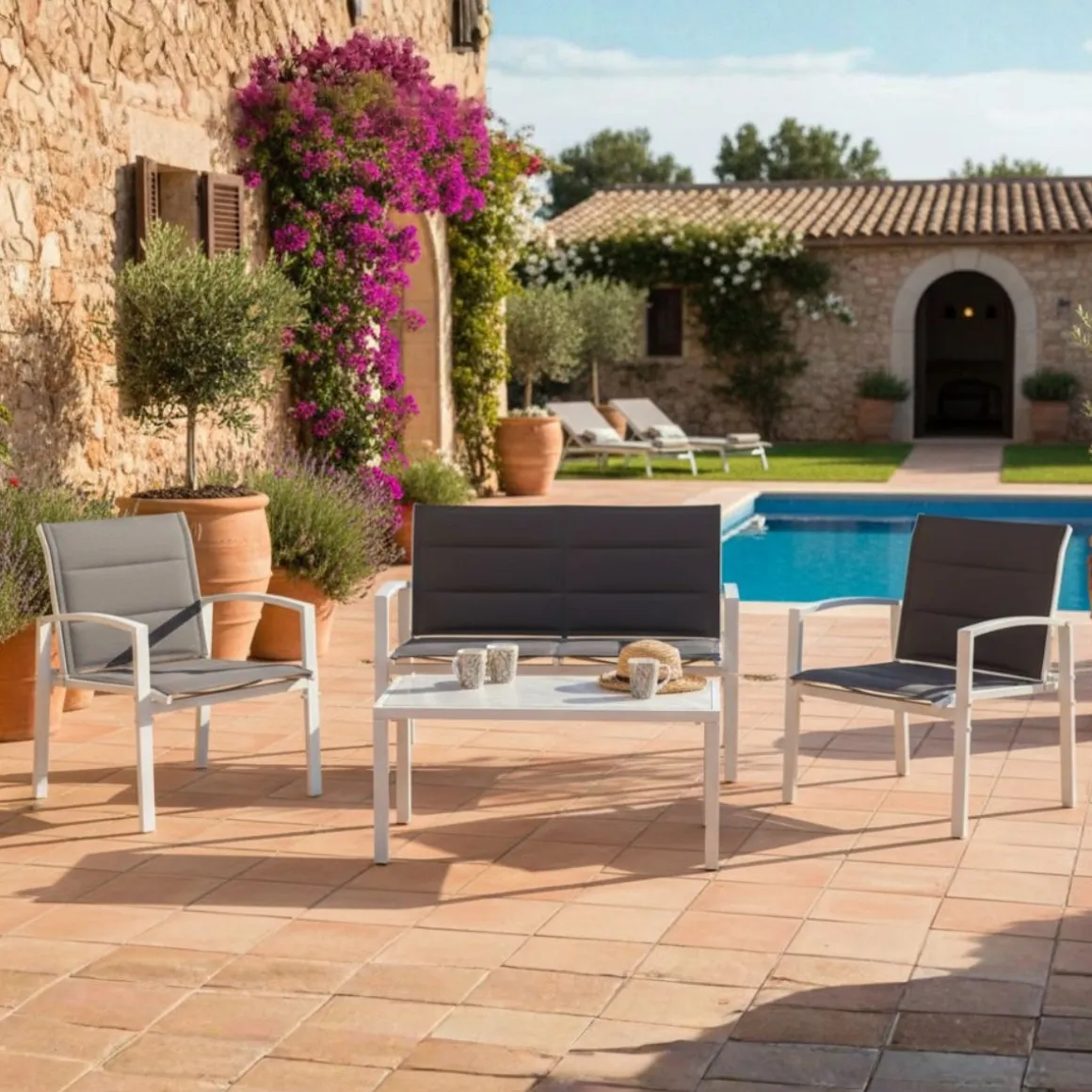 Conjunto de jardín Elba sofá doble + 2 sillas + mesa blanco/marrón