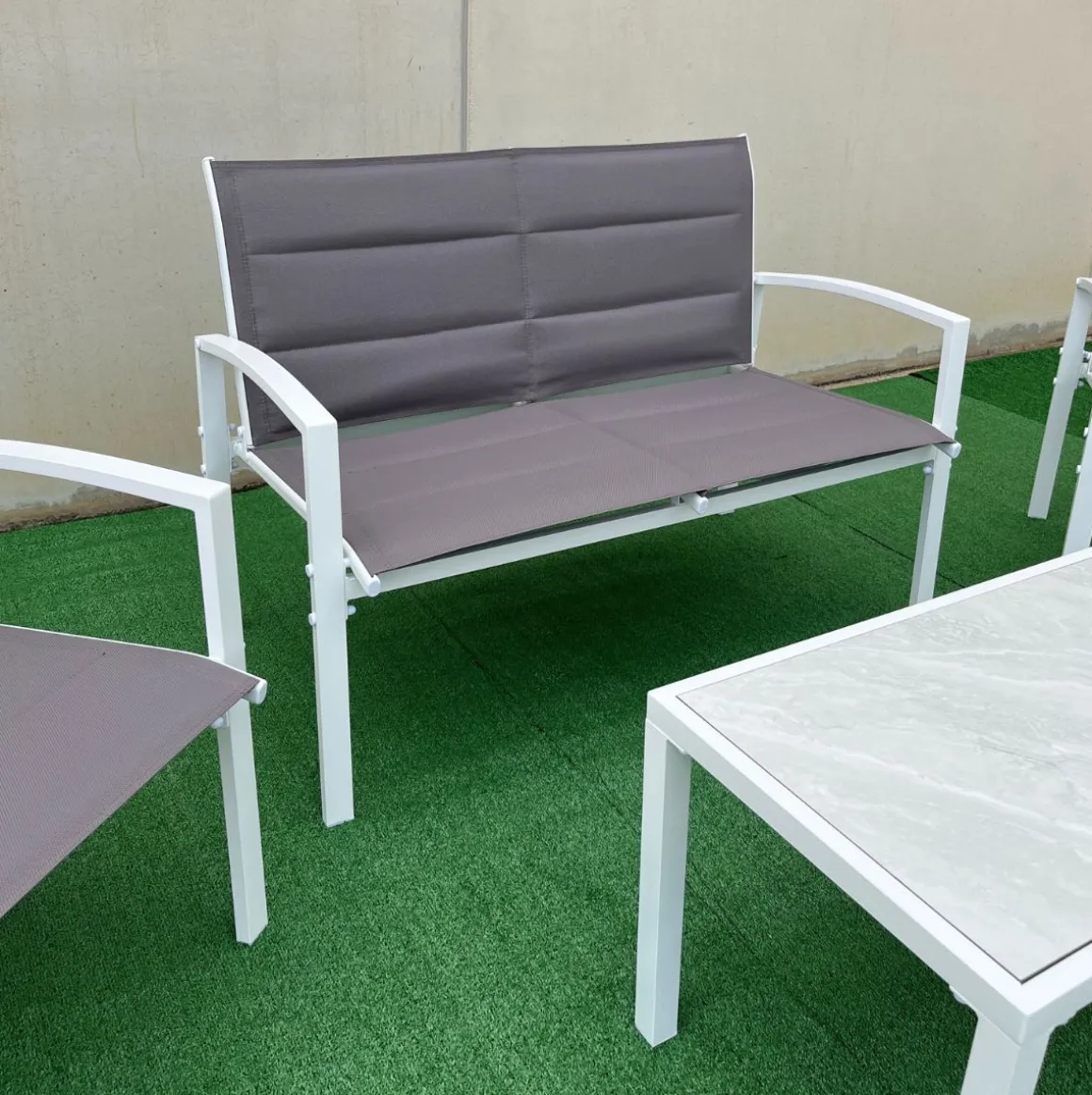 Conjunto de jardín Elba sofá doble + 2 sillas + mesa blanco/marrón