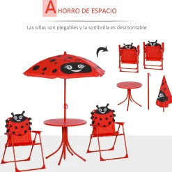Conjunto de jardín infantil Mariquita Outsunny sombrilla + mesa + 2 sillas rojo