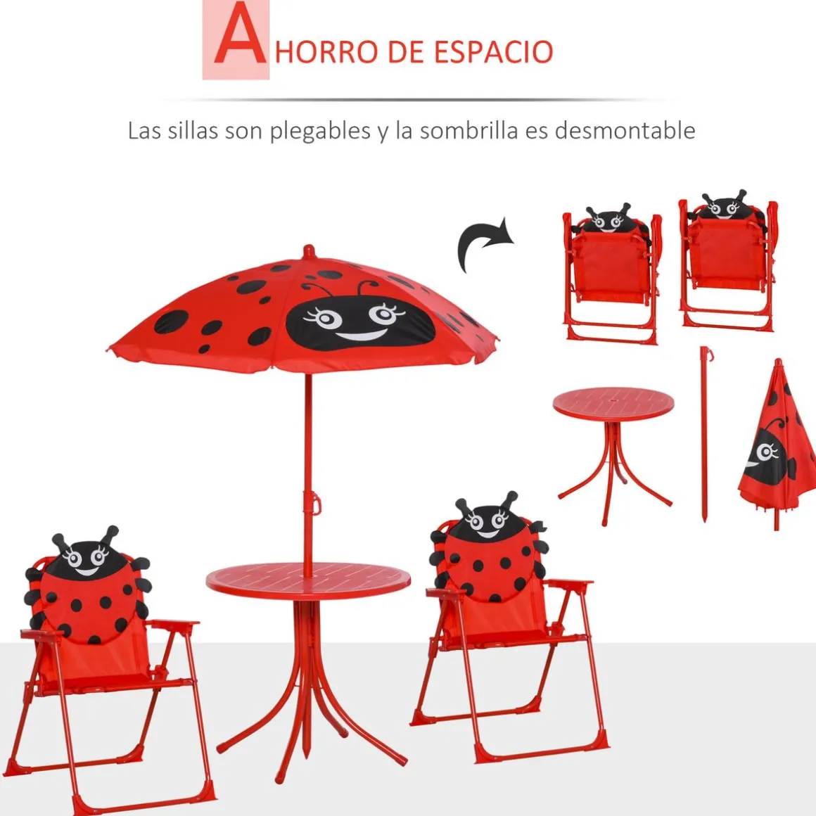 Conjunto de jardín infantil Mariquita Outsunny sombrilla + mesa + 2 sillas rojo