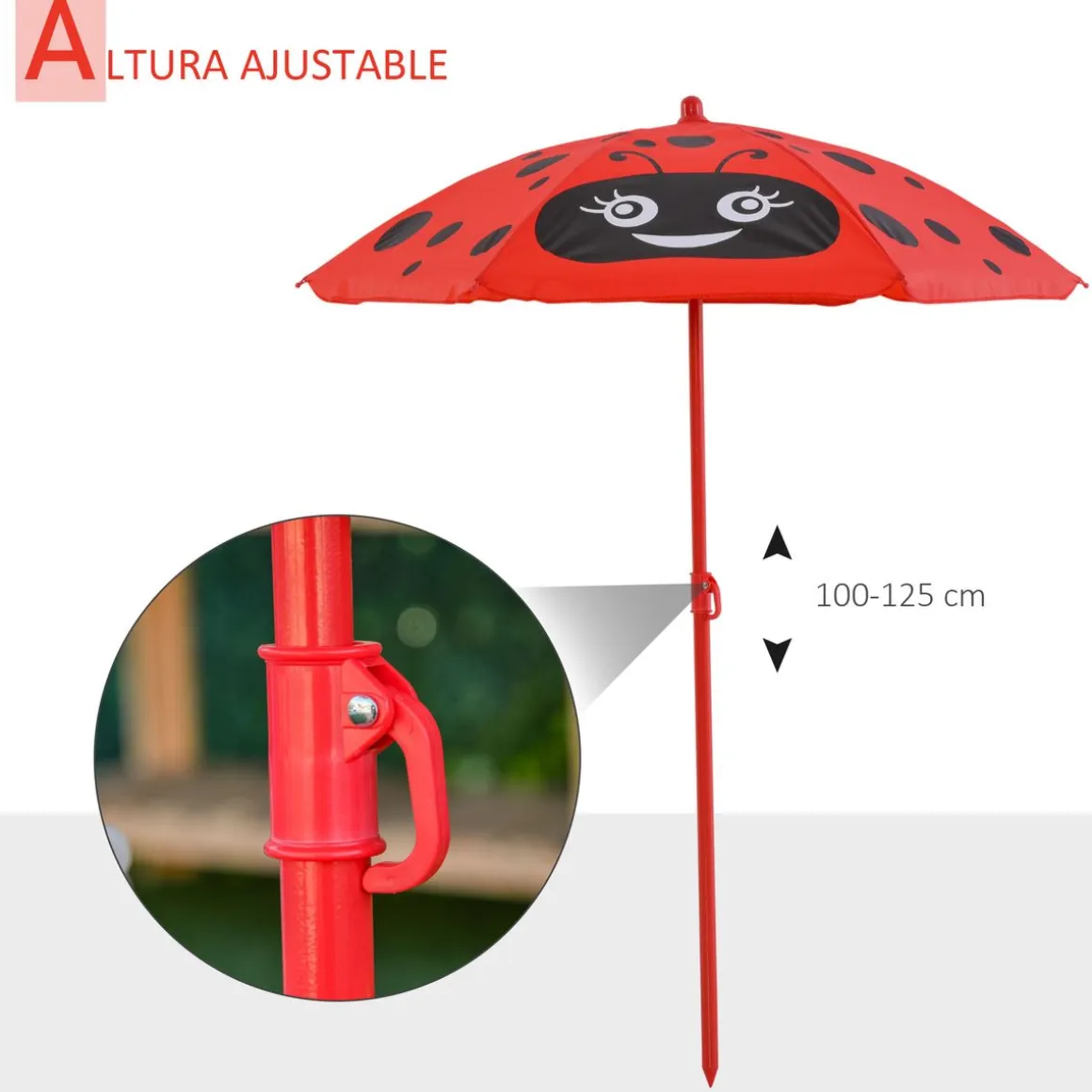 Conjunto de jardín infantil Mariquita Outsunny sombrilla + mesa + 2 sillas rojo