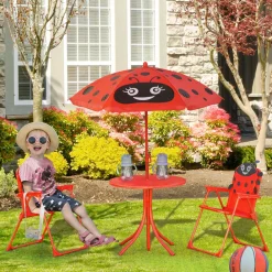 Conjunto de jardín infantil Mariquita Outsunny sombrilla + mesa + 2 sillas rojo
