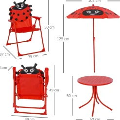 Conjunto de jardín infantil Mariquita Outsunny sombrilla + mesa + 2 sillas rojo