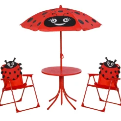 Conjunto de jardín infantil Mariquita Outsunny sombrilla + mesa + 2 sillas rojo