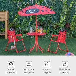 Conjunto de jardín infantil Mariquita Outsunny sombrilla + mesa + 2 sillas rojo