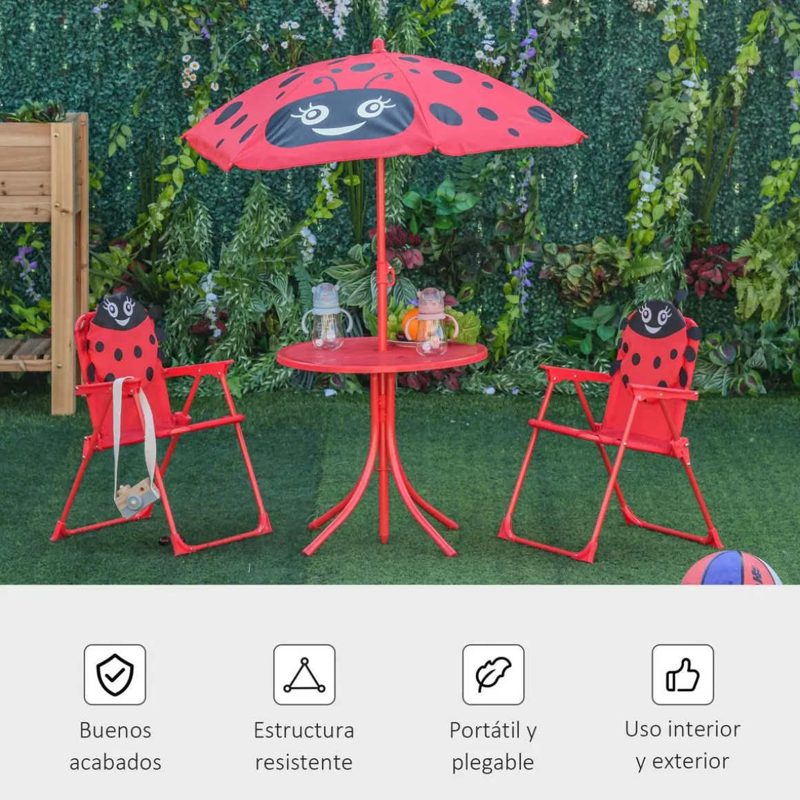 Conjunto de jardín infantil Mariquita Outsunny sombrilla + mesa + 2 sillas rojo
