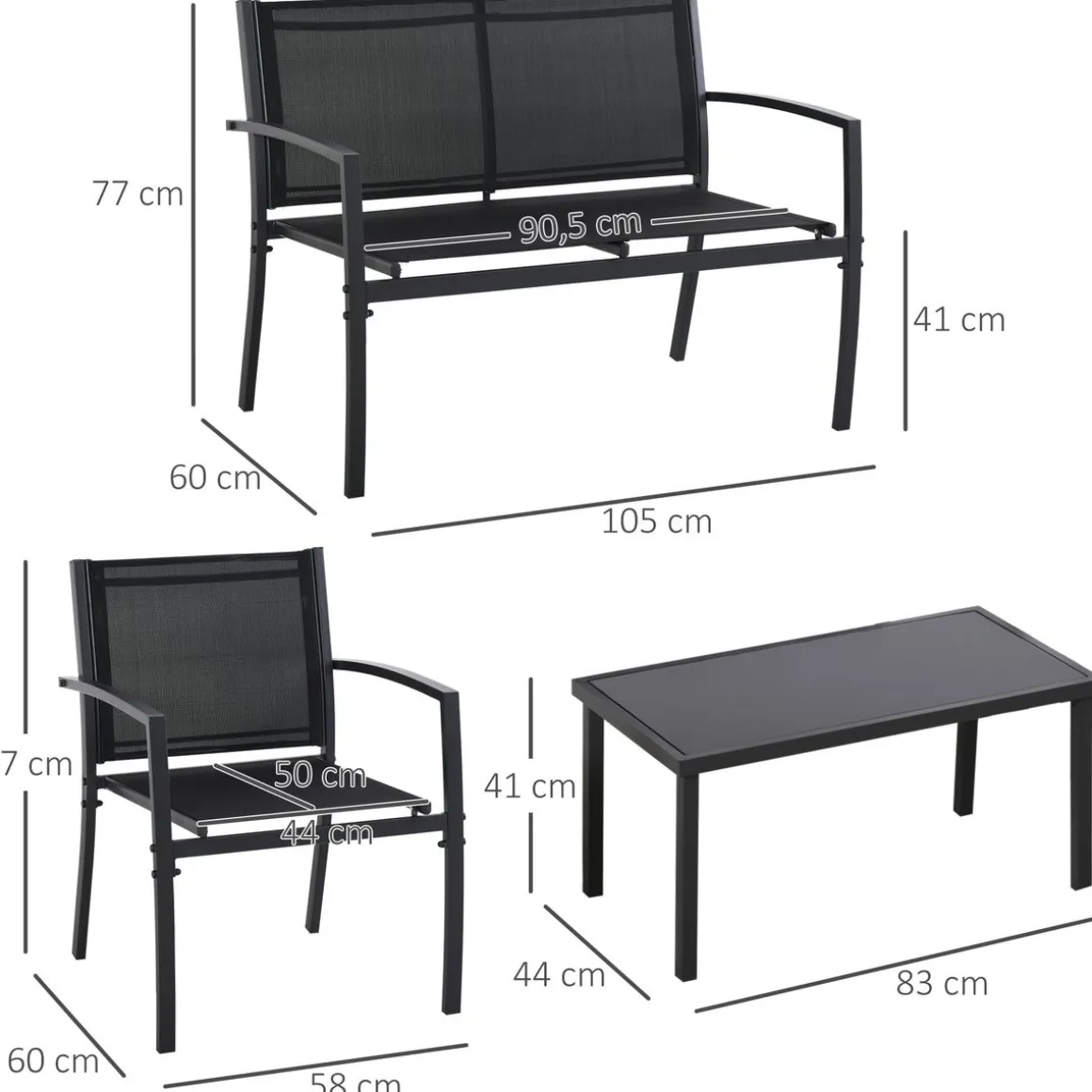 Conjunto de jardín Jeff Outsunny 3 sillones + 1 mesa negro