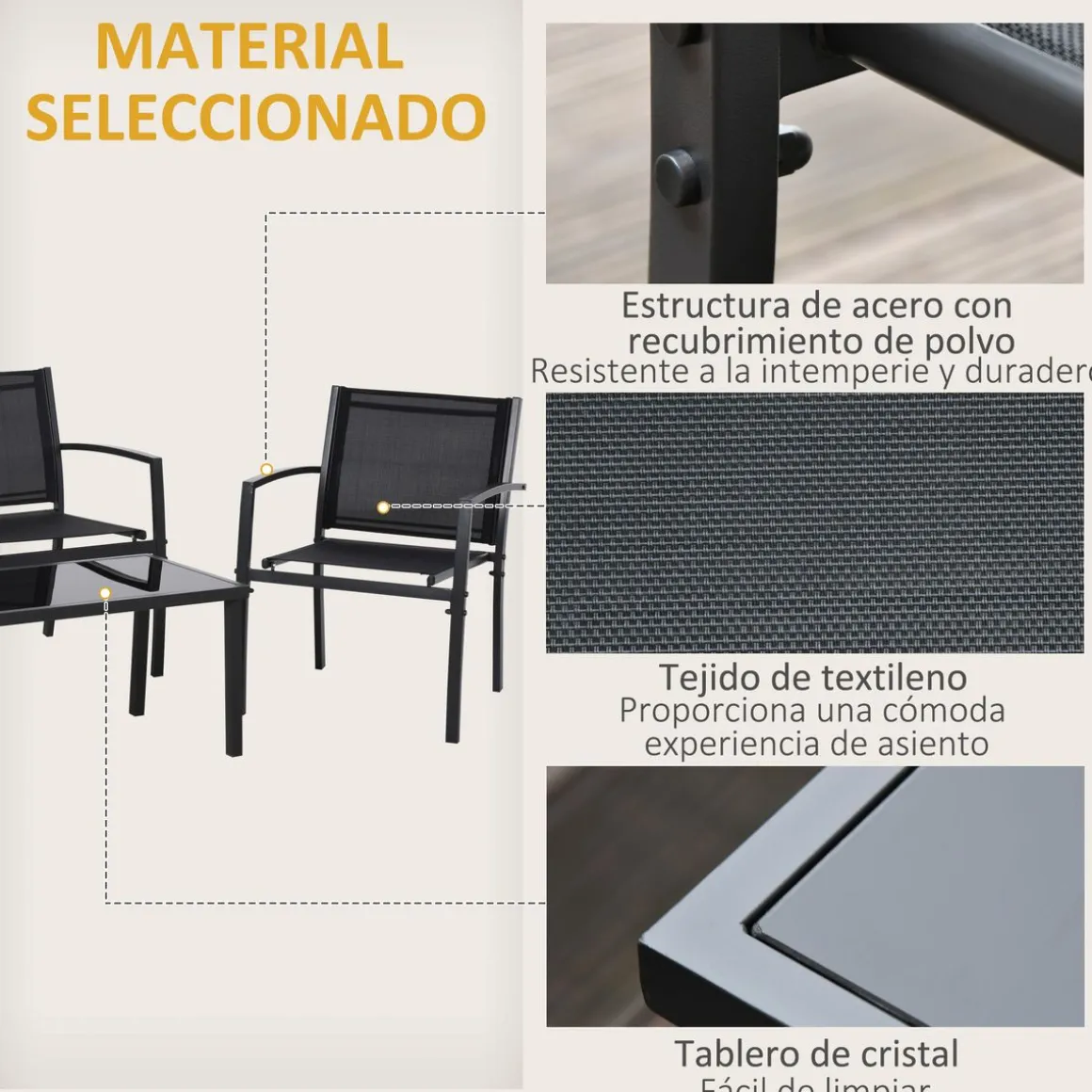Conjunto de jardín Jeff Outsunny 3 sillones + 1 mesa negro