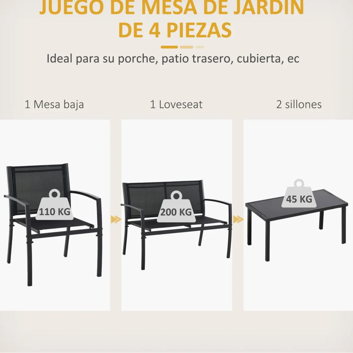 Conjunto de jardín Jeff Outsunny 3 sillones + 1 mesa negro
