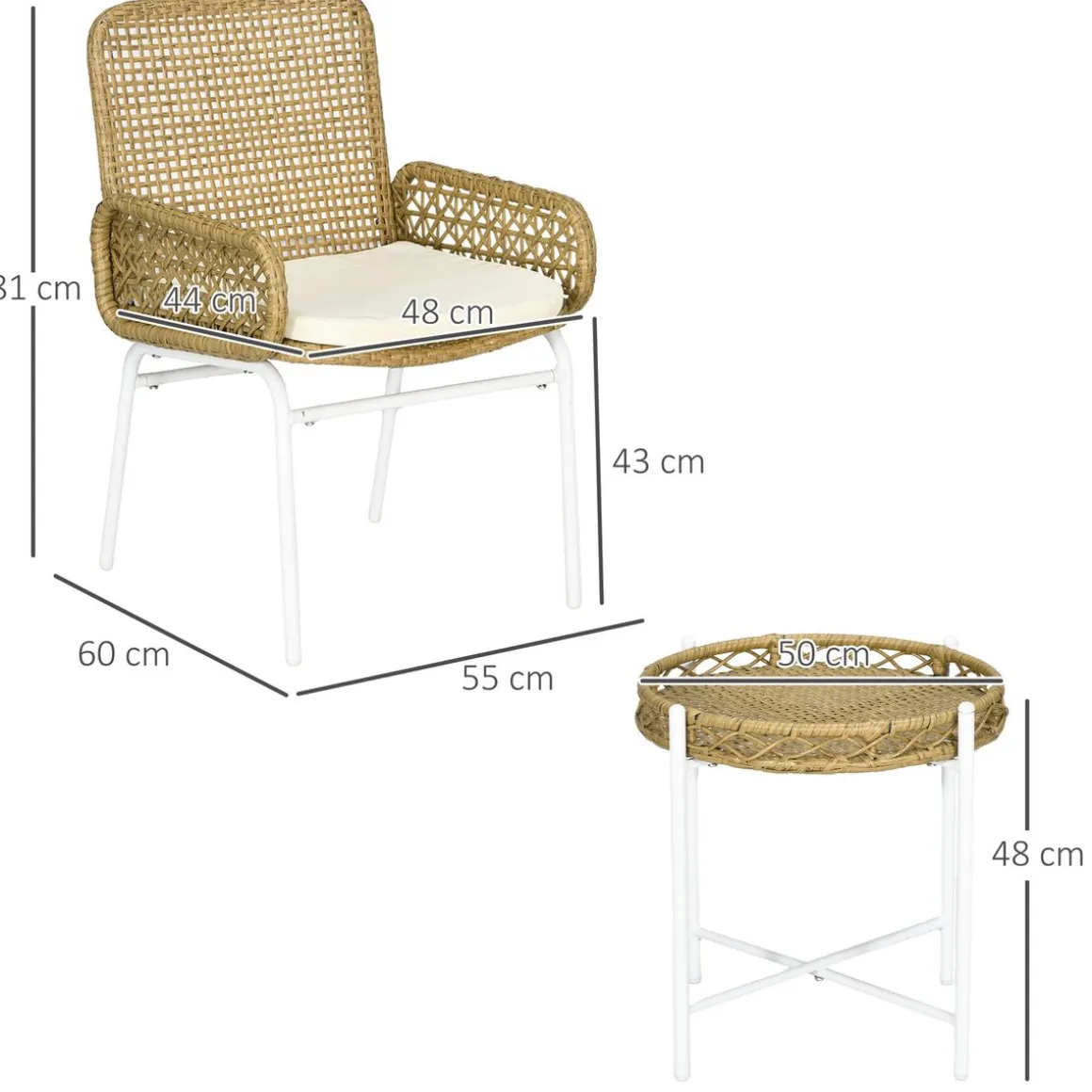 Conjunto de jardín Milán Outsunny 2 sillas + mesa natural