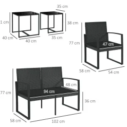 Conjunto de jardín Noire Outsunny 2 sillas + 1 sofá doble + 2 mesas negro
