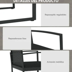 Conjunto de jardín Noire Outsunny 2 sillas + 1 sofá doble + 2 mesas negro